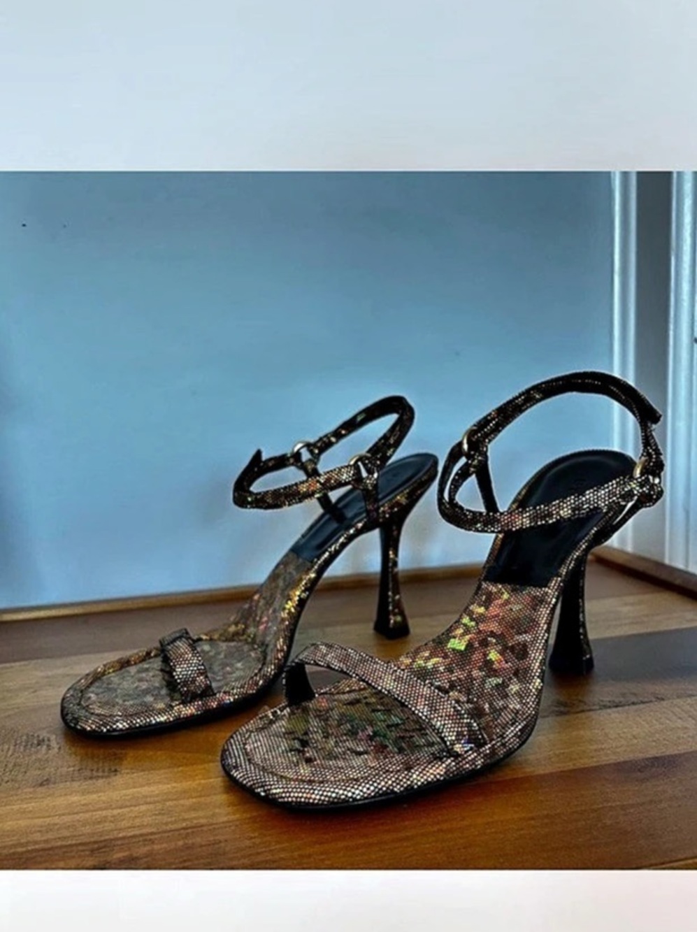 By Far Tanya Snake Print Leather Sandals Embellished Strappy Heels in Brown &